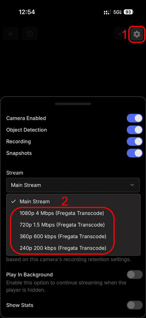 Fregata live view showing the stream quality dropdown with adaptive transcoding rungs listed as selectable options.